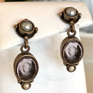 Extasia Purple Amethyst Cameo Glass Intaglio Victorian Pearl Accent Earrings